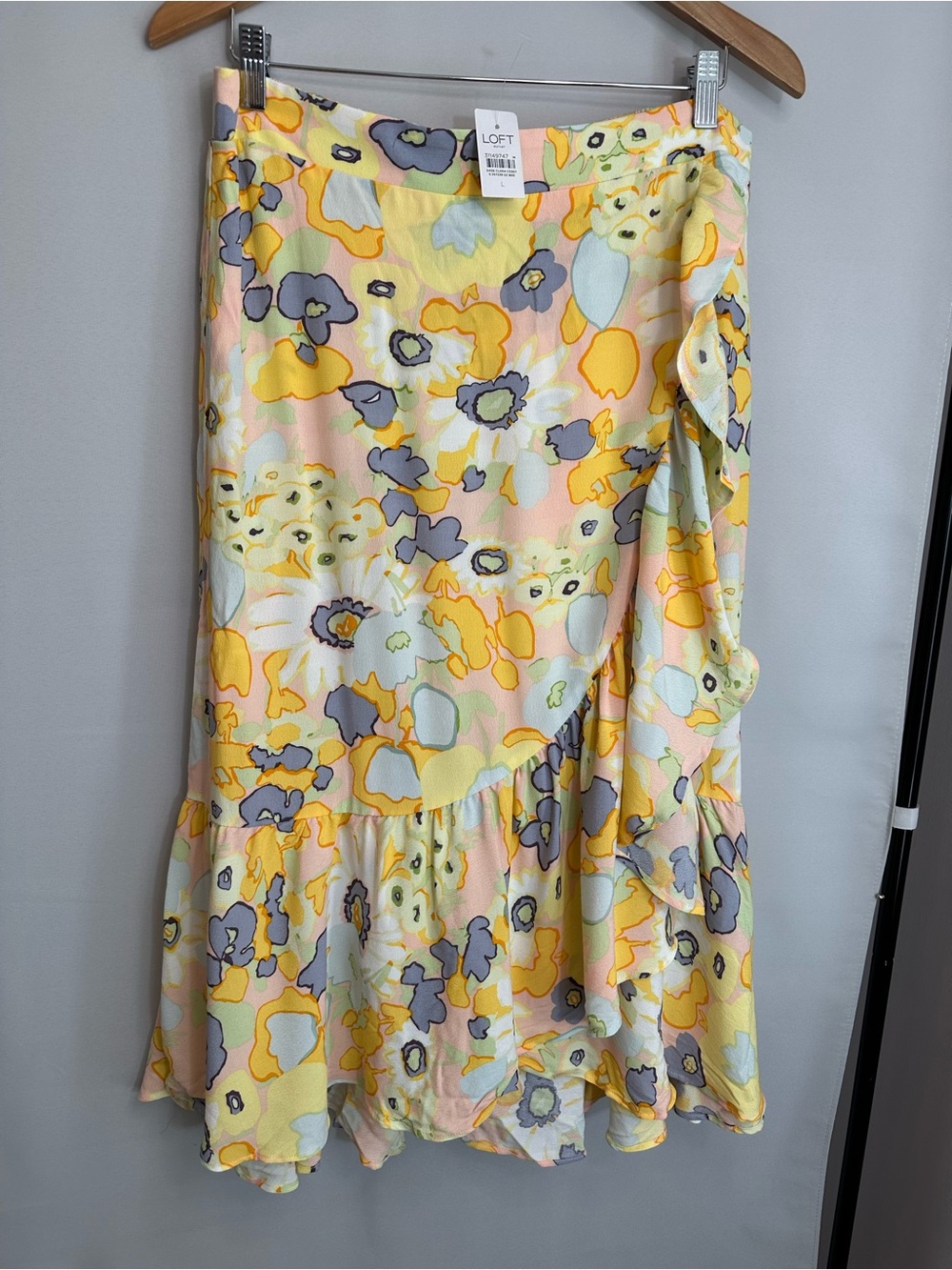 Loft Women Size L Floral Ruffle Midi Skirt in Yellow and Pastel Prints Faux Wrap